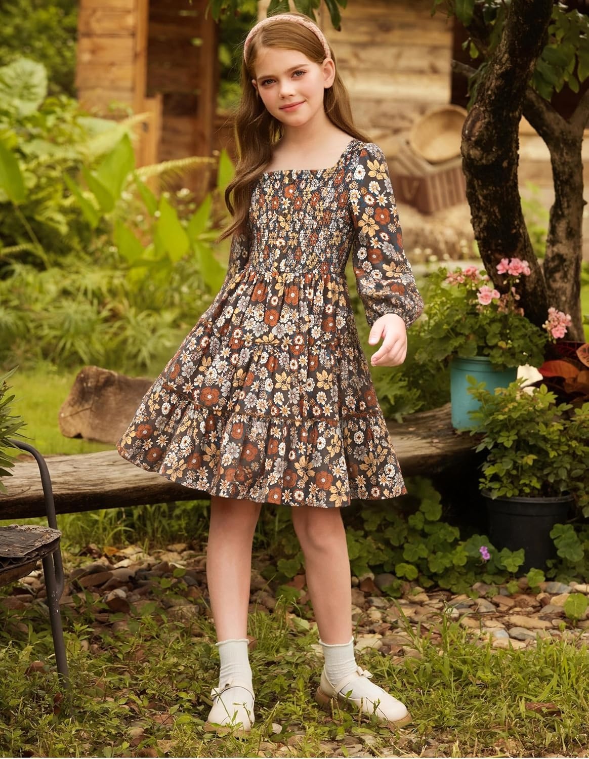 image:imageGRACE KARIN Girls Fall Long Sleeve Floral Christmas Teen Dress Size 614Brown Floral