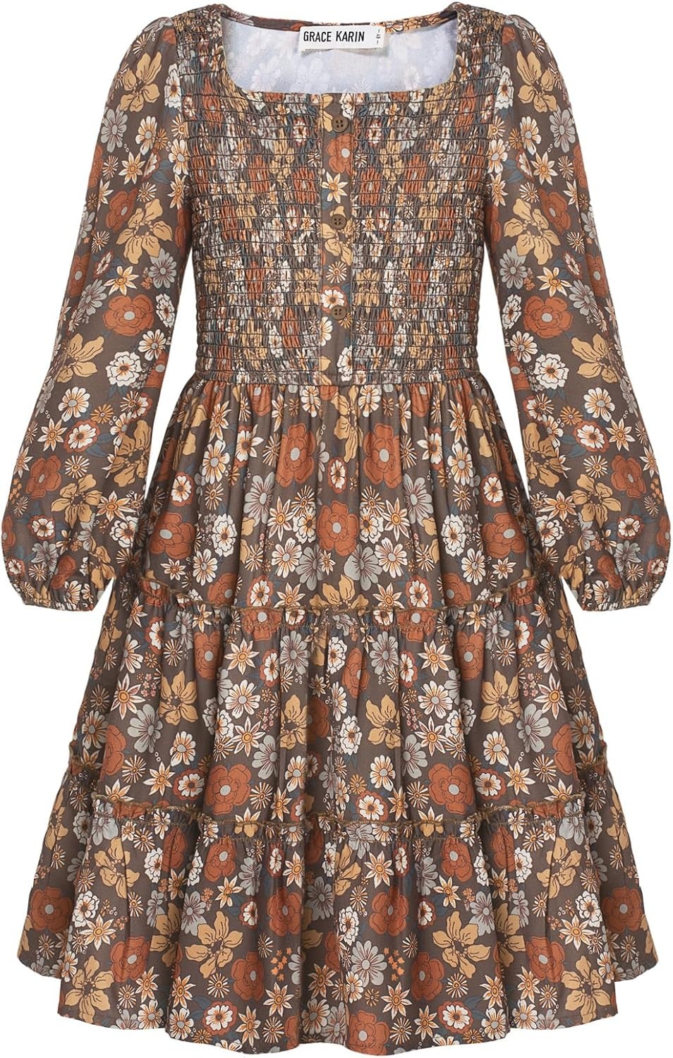 image:imageGRACE KARIN Girls Fall Long Sleeve Floral Christmas Teen Dress Size 614Brown Floral