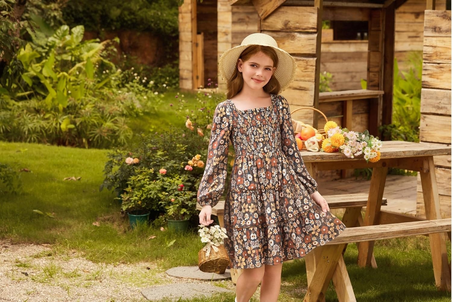 image:imageGRACE KARIN Girls Fall Long Sleeve Floral Christmas Teen Dress Size 614Brown Floral