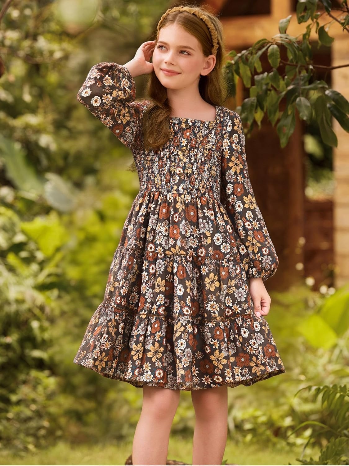 image:imageGRACE KARIN Girls Fall Long Sleeve Floral Christmas Teen Dress Size 614Brown Floral