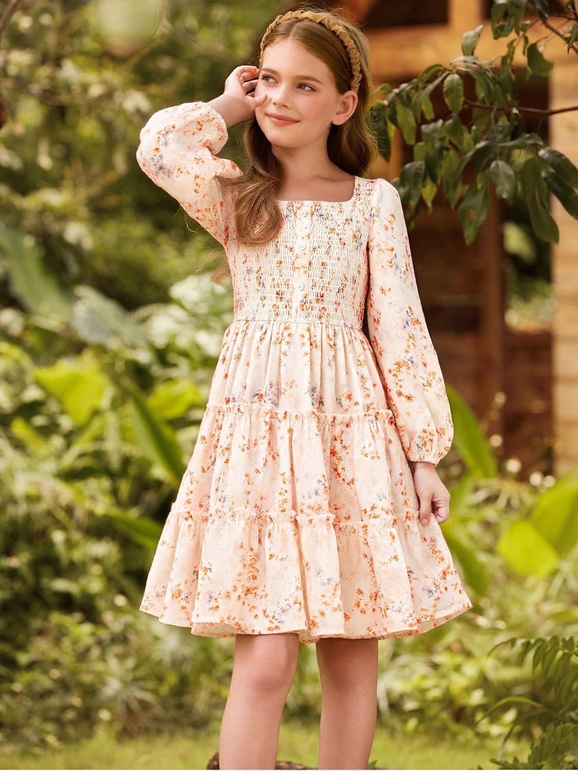 image:imageGRACE KARIN Girls Fall Long Sleeve Floral Christmas Teen Dress Size 614Cream Orange Floral