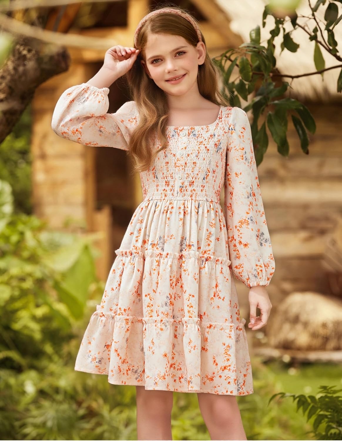image:imageGRACE KARIN Girls Fall Long Sleeve Floral Christmas Teen Dress Size 614Cream Orange Floral