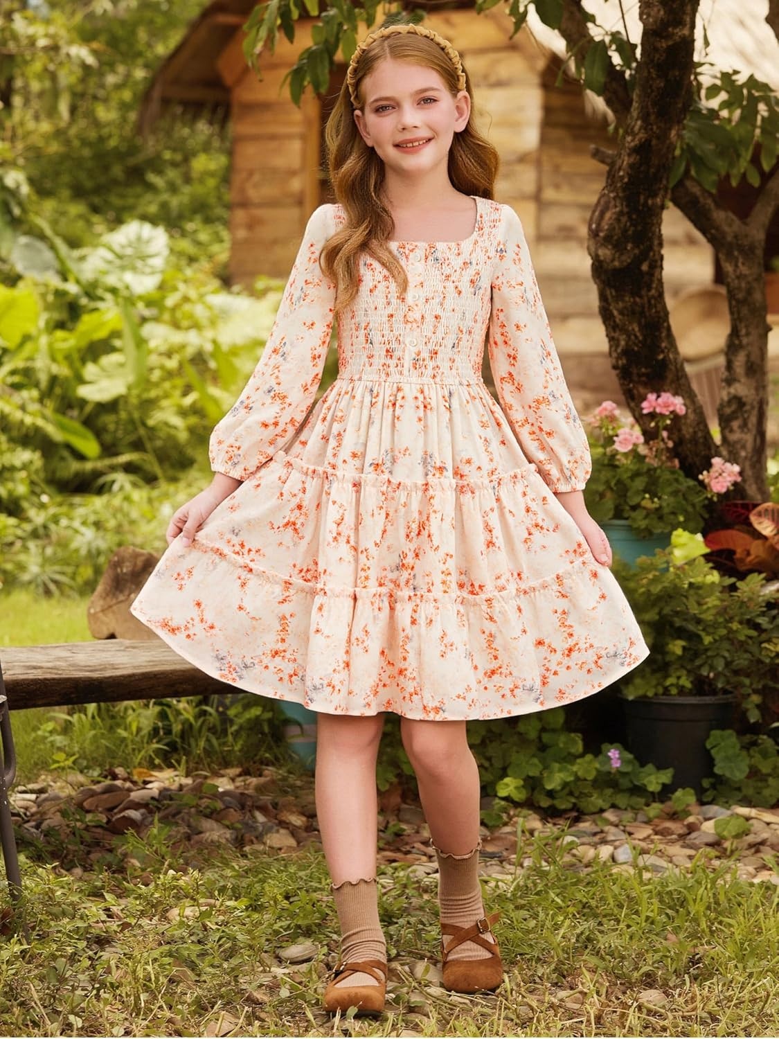 image:imageGRACE KARIN Girls Fall Long Sleeve Floral Christmas Teen Dress Size 614Cream Orange Floral
