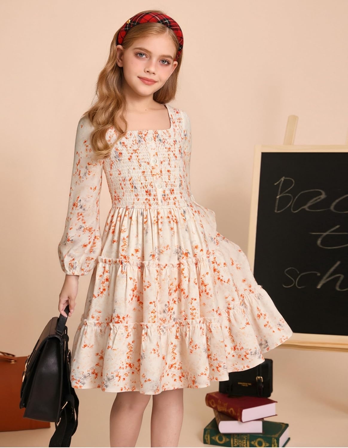 image:imageGRACE KARIN Girls Fall Long Sleeve Floral Christmas Teen Dress Size 614Cream Orange Floral