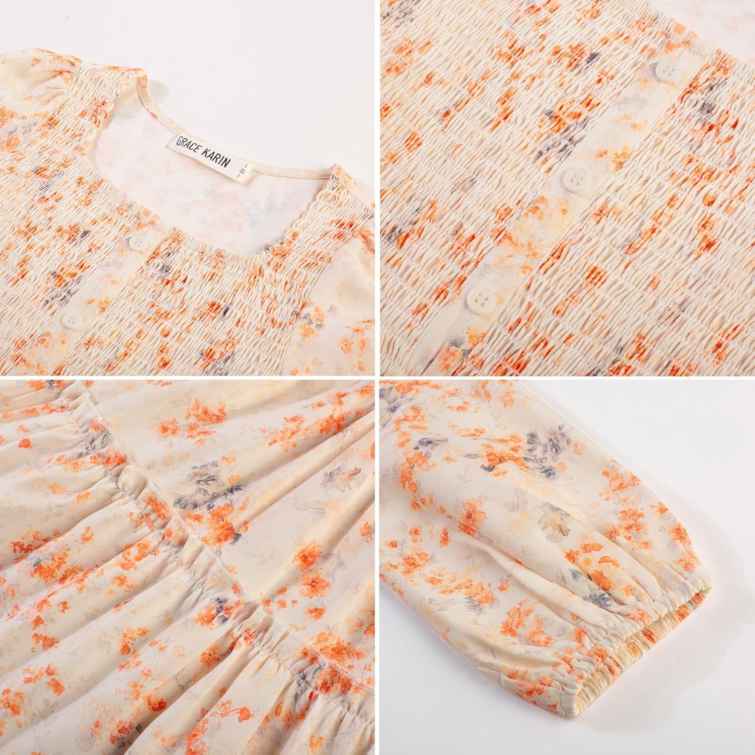 image:imageGRACE KARIN Girls Fall Long Sleeve Floral Christmas Teen Dress Size 614Cream Orange Floral