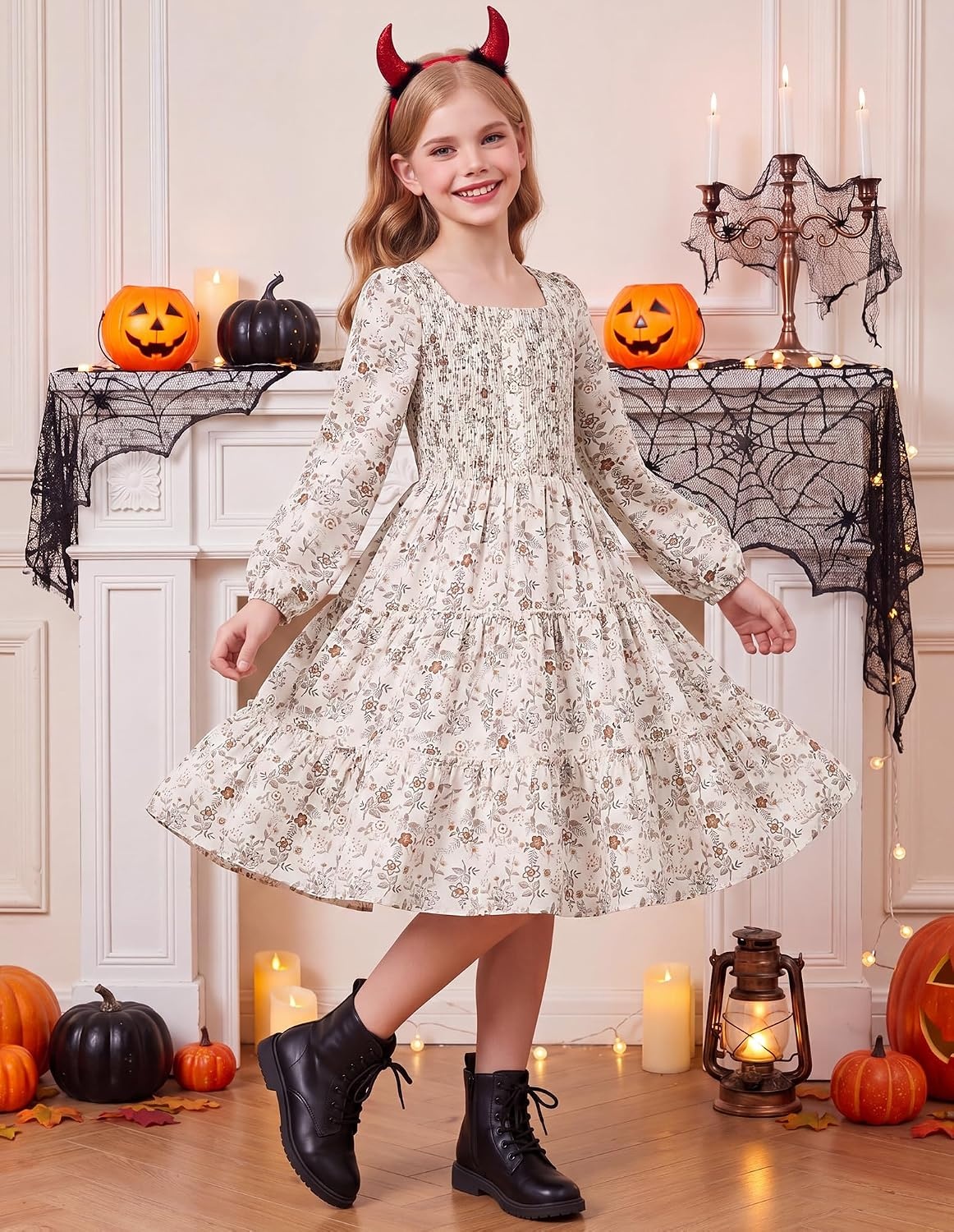 image:imageGRACE KARIN Girls Fall Long Sleeve Floral Christmas Teen Dress Size 614Cream Orange Floral01