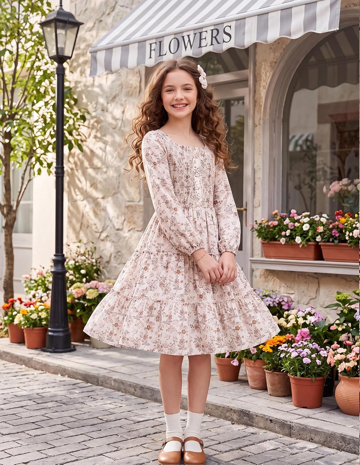 image:imageGRACE KARIN Girls Fall Long Sleeve Floral Christmas Teen Dress Size 614Cream Orange Floral01