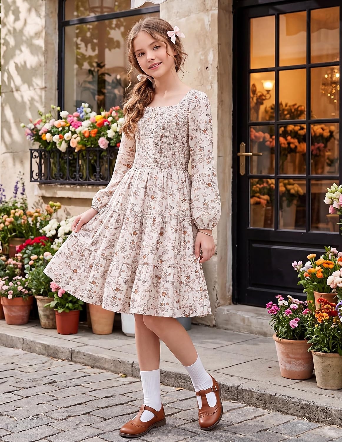 image:imageGRACE KARIN Girls Fall Long Sleeve Floral Christmas Teen Dress Size 614Cream Orange Floral01