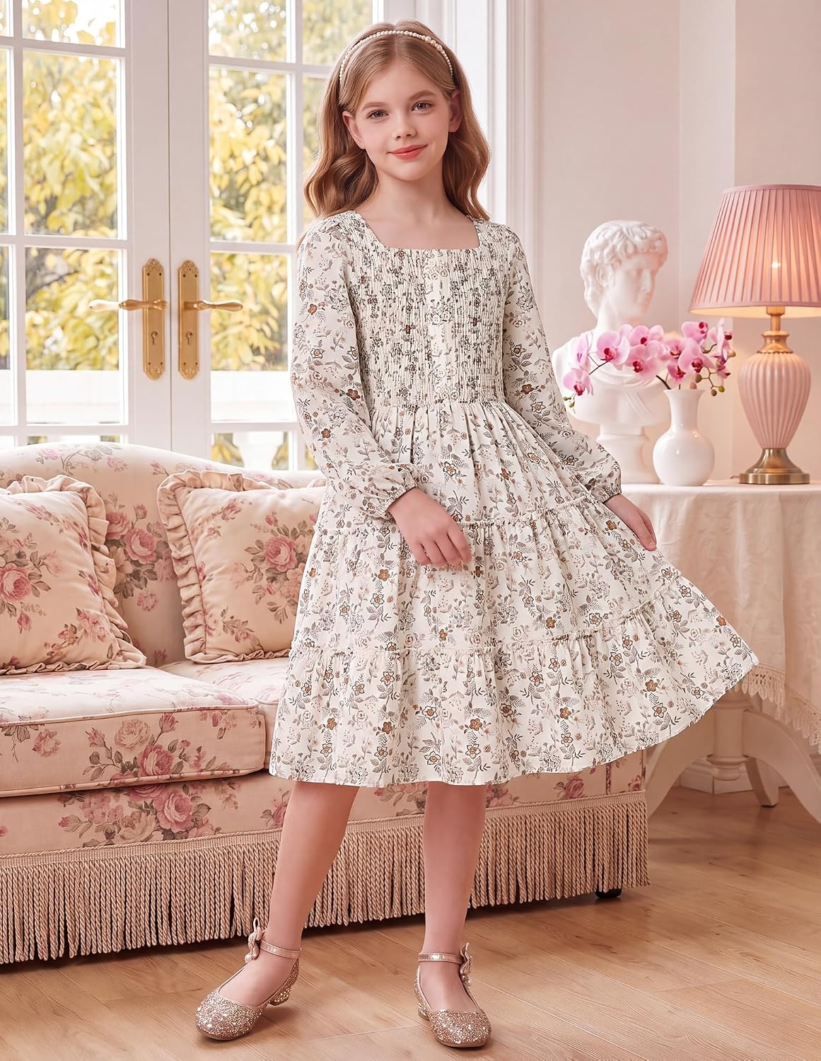 image:imageGRACE KARIN Girls Fall Long Sleeve Floral Christmas Teen Dress Size 614Cream Orange Floral01