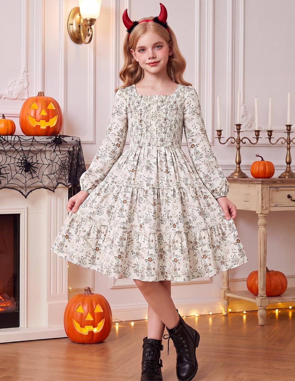 image:imageGRACE KARIN Girls Fall Long Sleeve Floral Christmas Teen Dress Size 614Cream Orange Floral01