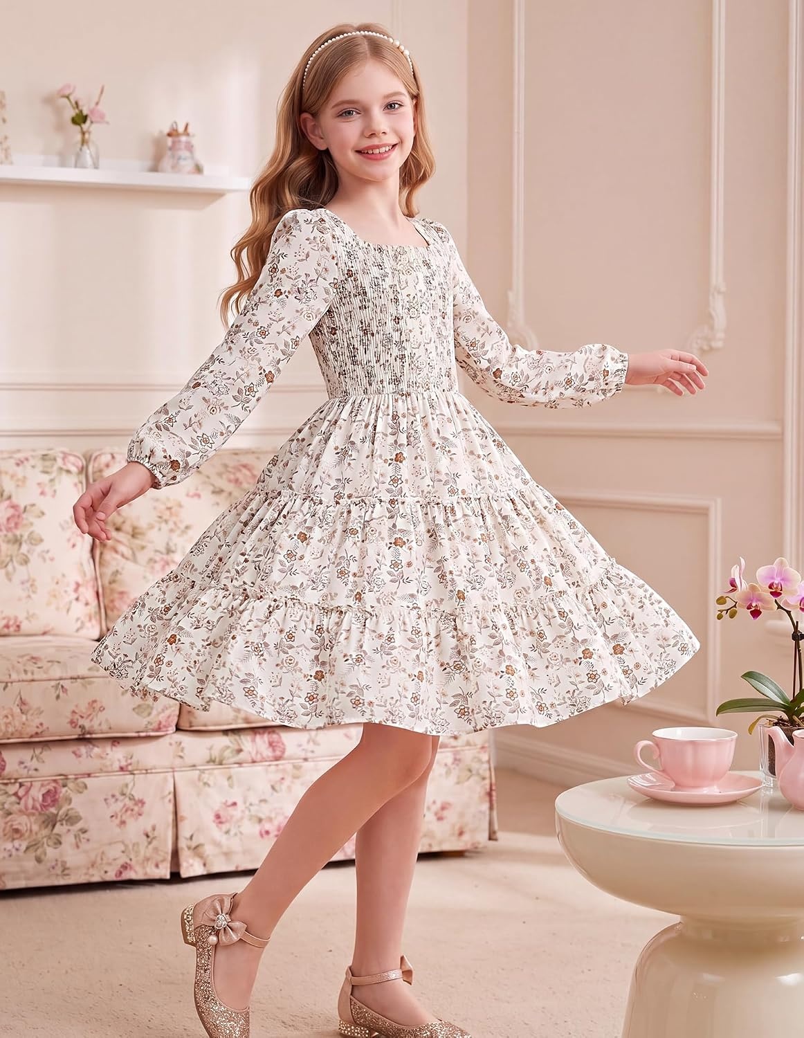 image:imageGRACE KARIN Girls Fall Long Sleeve Floral Christmas Teen Dress Size 614Cream Orange Floral01