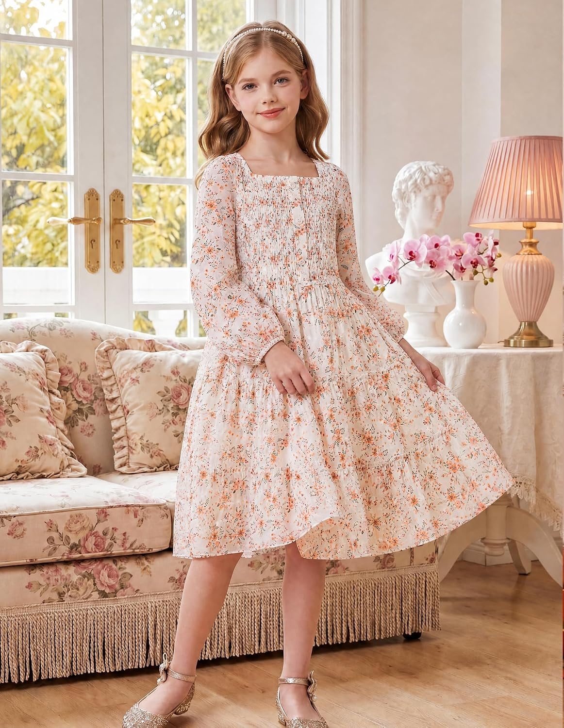 image:imageGRACE KARIN Girls Fall Long Sleeve Floral Christmas Teen Dress Size 614Cream Peach Floral