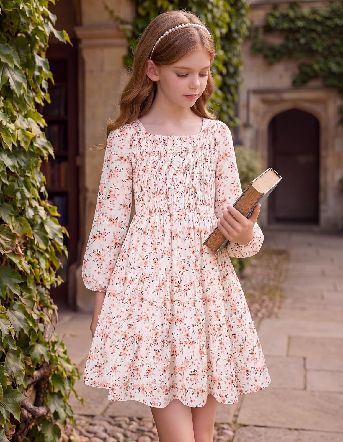 image:imageGRACE KARIN Girls Fall Long Sleeve Floral Christmas Teen Dress Size 614Cream Peach Floral