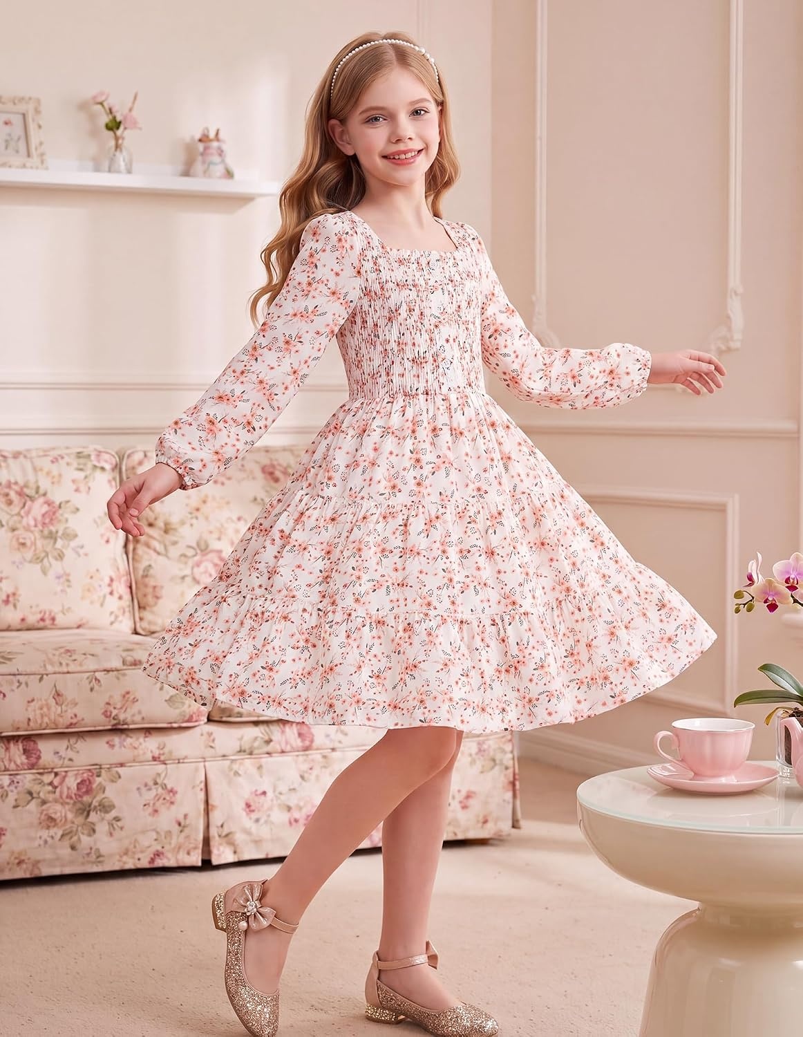image:imageGRACE KARIN Girls Fall Long Sleeve Floral Christmas Teen Dress Size 614Cream Peach Floral