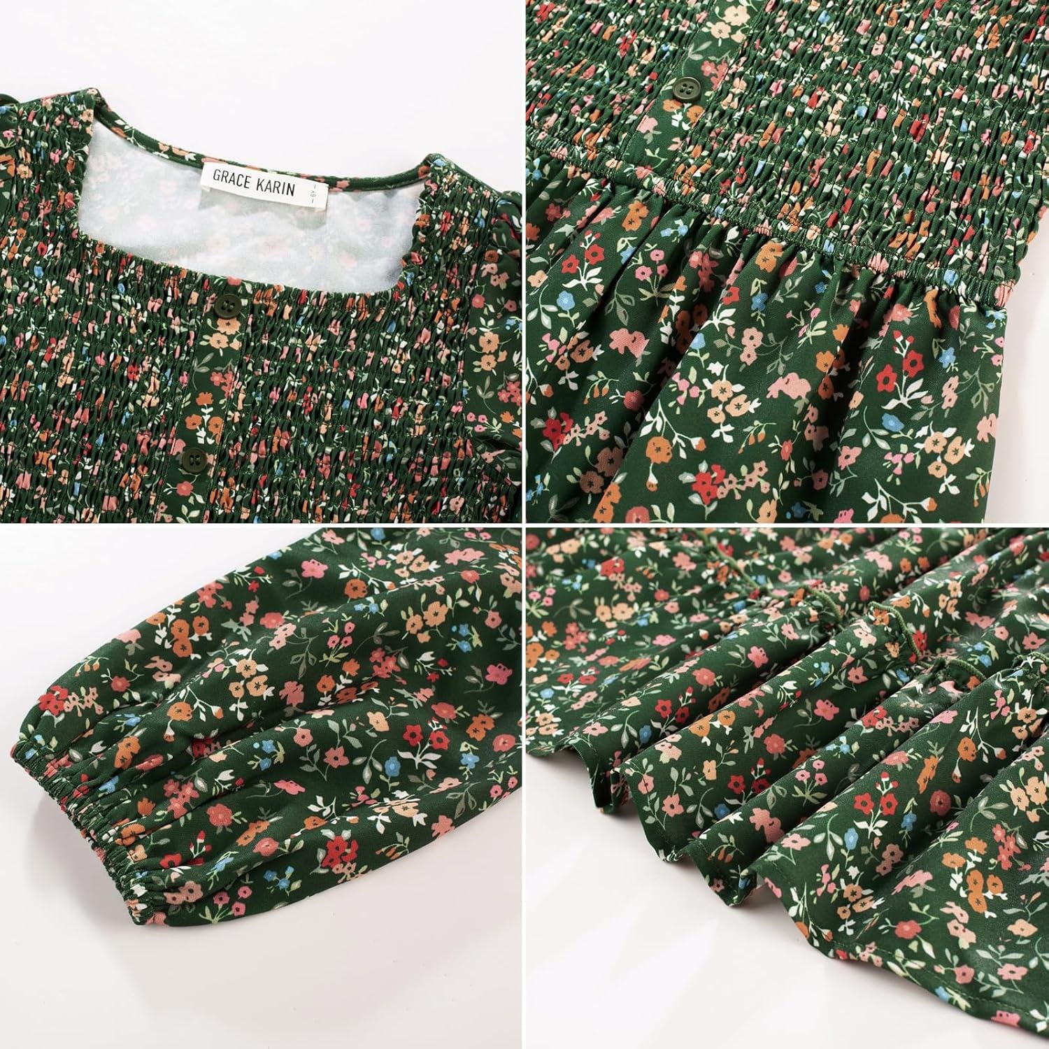image:imageGRACE KARIN Girls Fall Long Sleeve Floral Christmas Teen Dress Size 614Green Floral