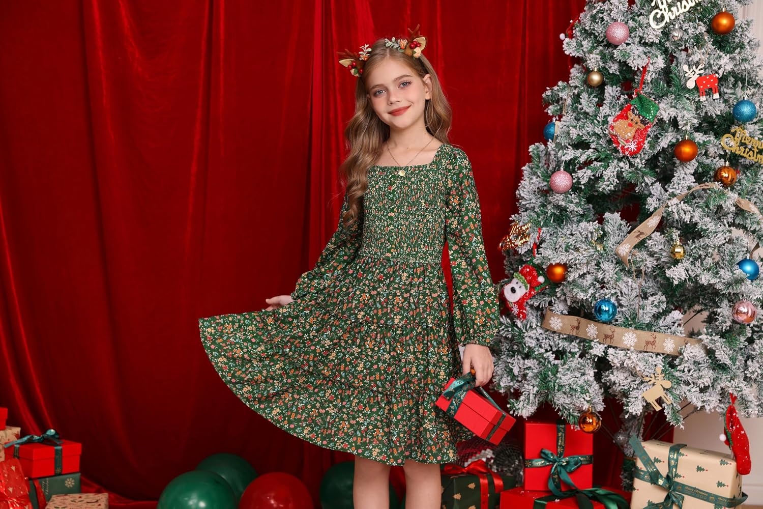 image:imageGRACE KARIN Girls Fall Long Sleeve Floral Christmas Teen Dress Size 614Green Floral