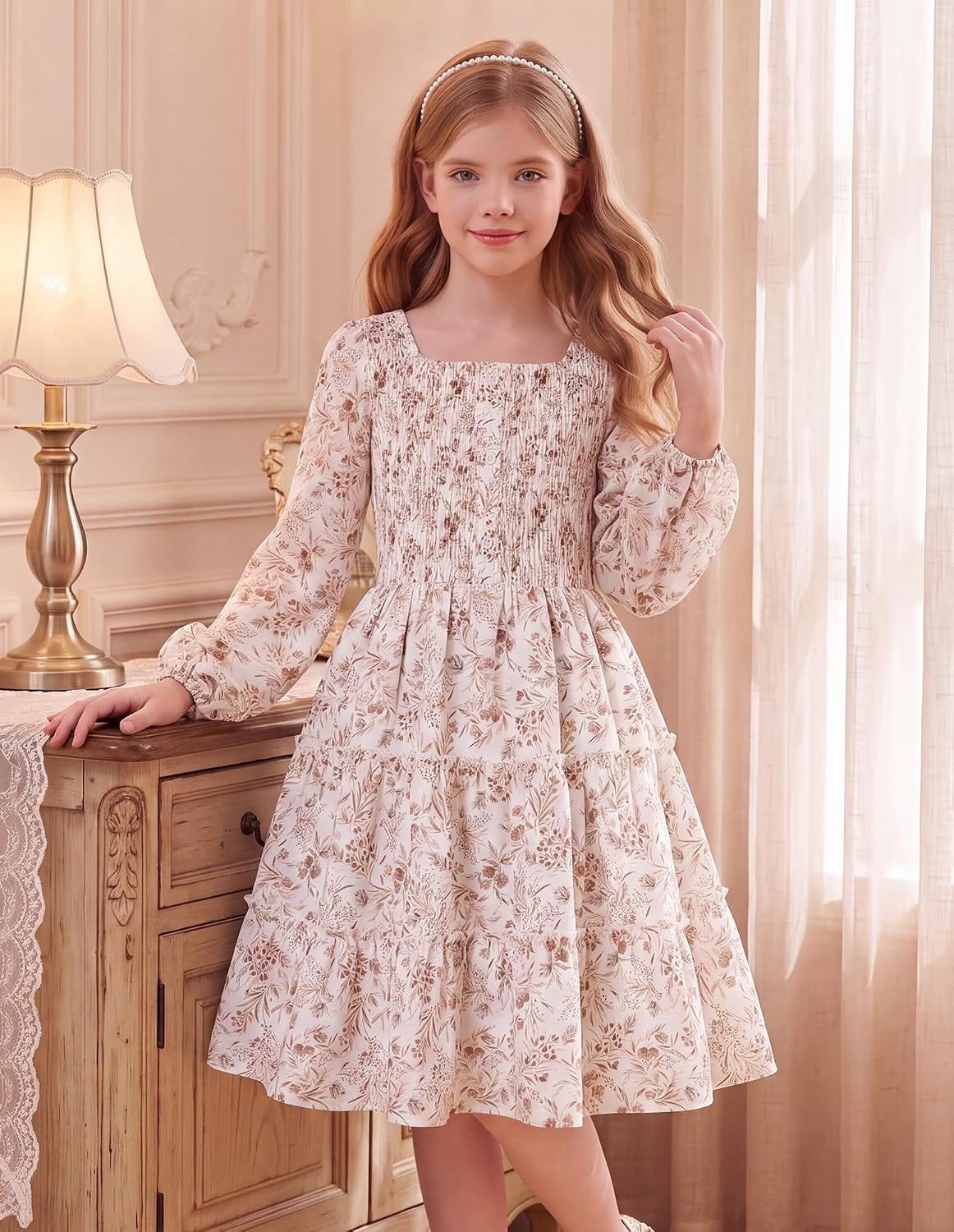 image:imageGRACE KARIN Girls Fall Long Sleeve Floral Christmas Teen Dress Size 614Ivory Taupe Floral