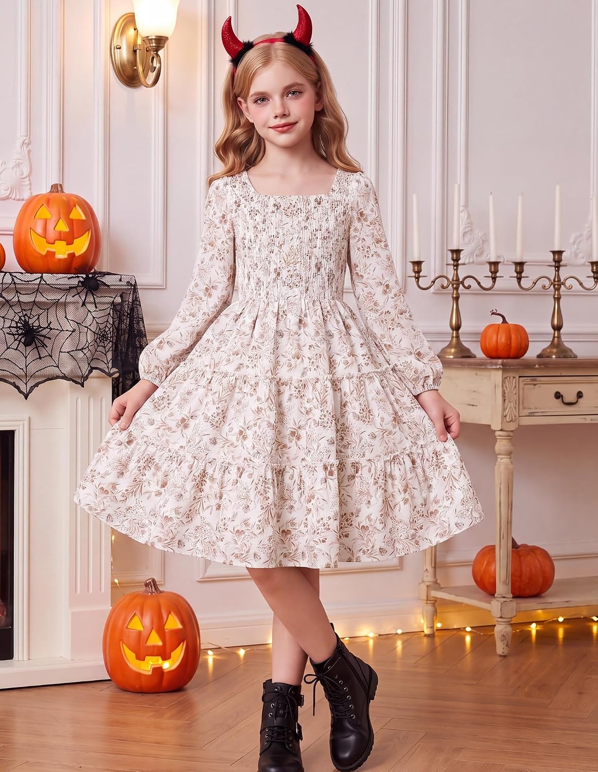 image:imageGRACE KARIN Girls Fall Long Sleeve Floral Christmas Teen Dress Size 614Ivory Taupe Floral