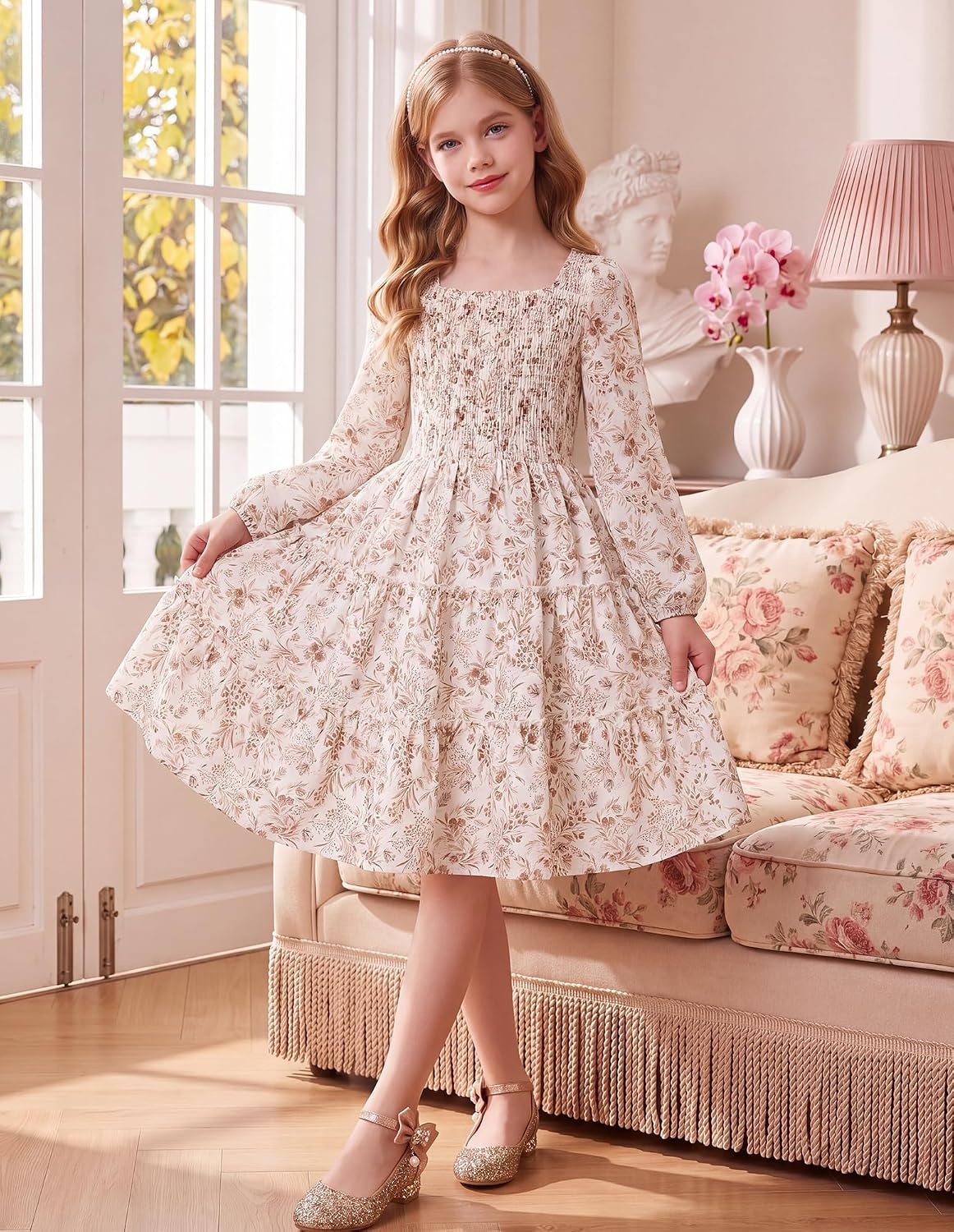 image:imageGRACE KARIN Girls Fall Long Sleeve Floral Christmas Teen Dress Size 614Ivory Taupe Floral
