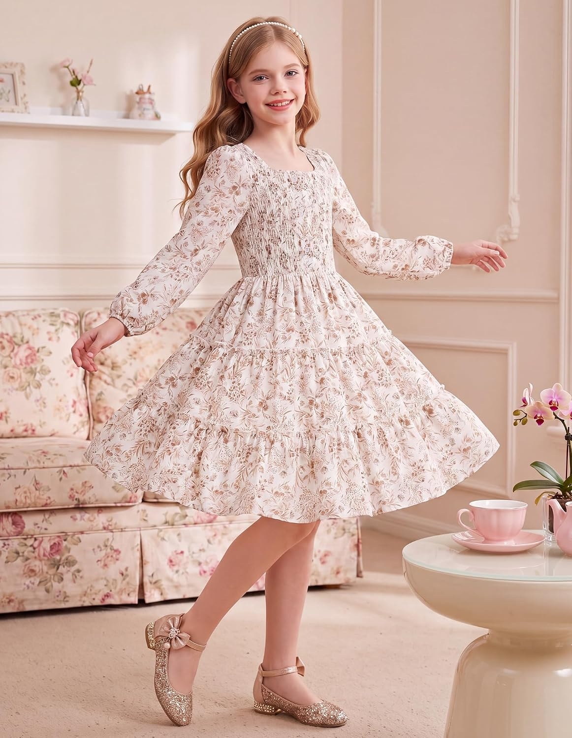 image:imageGRACE KARIN Girls Fall Long Sleeve Floral Christmas Teen Dress Size 614Ivory Taupe Floral