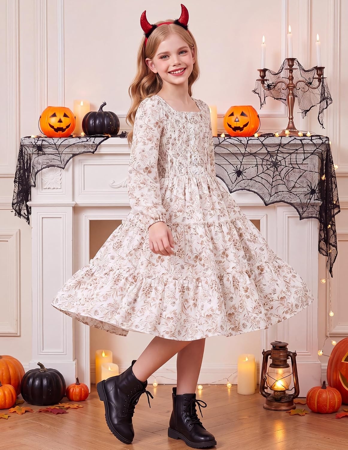 image:imageGRACE KARIN Girls Fall Long Sleeve Floral Christmas Teen Dress Size 614Ivory Taupe Floral
