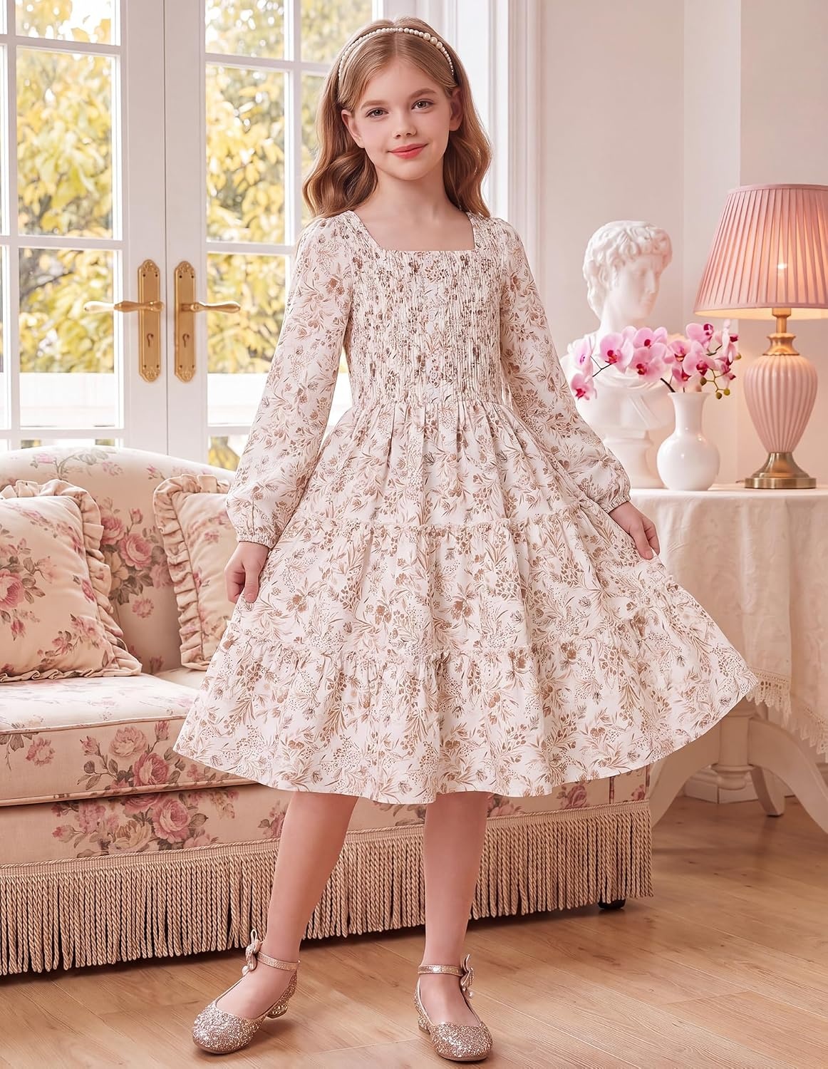 image:imageGRACE KARIN Girls Fall Long Sleeve Floral Christmas Teen Dress Size 614Ivory Taupe Floral