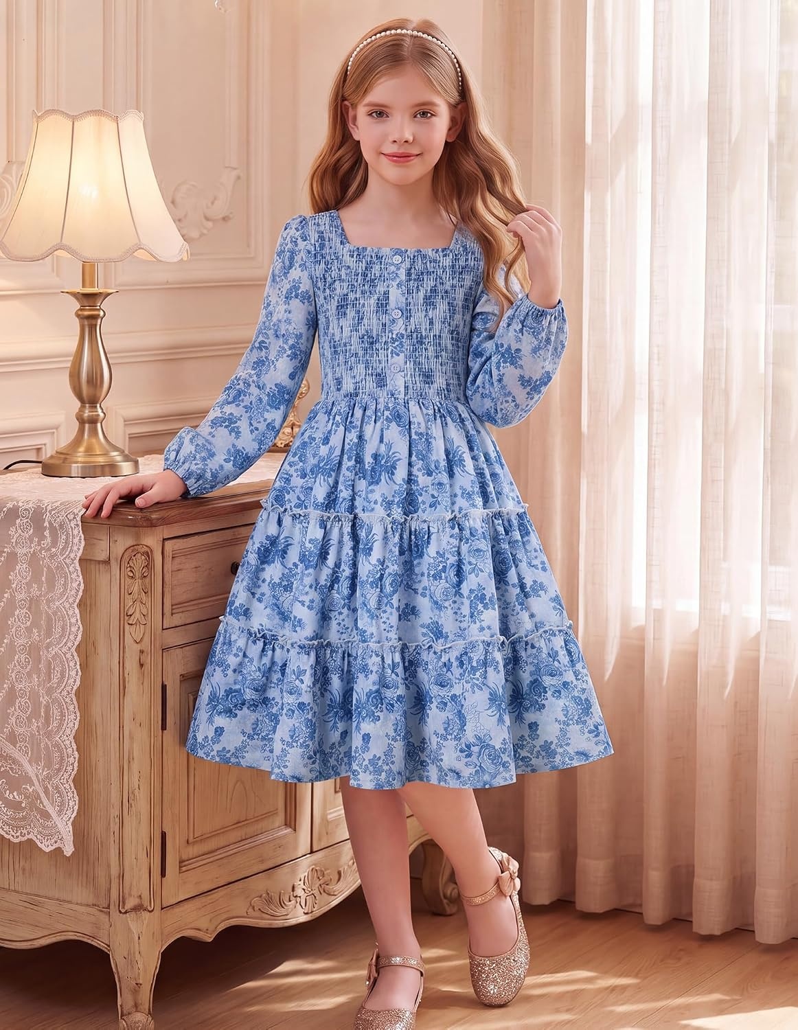 image:imageGRACE KARIN Girls Fall Long Sleeve Floral Christmas Teen Dress Size 614Light Blue Navy Floral