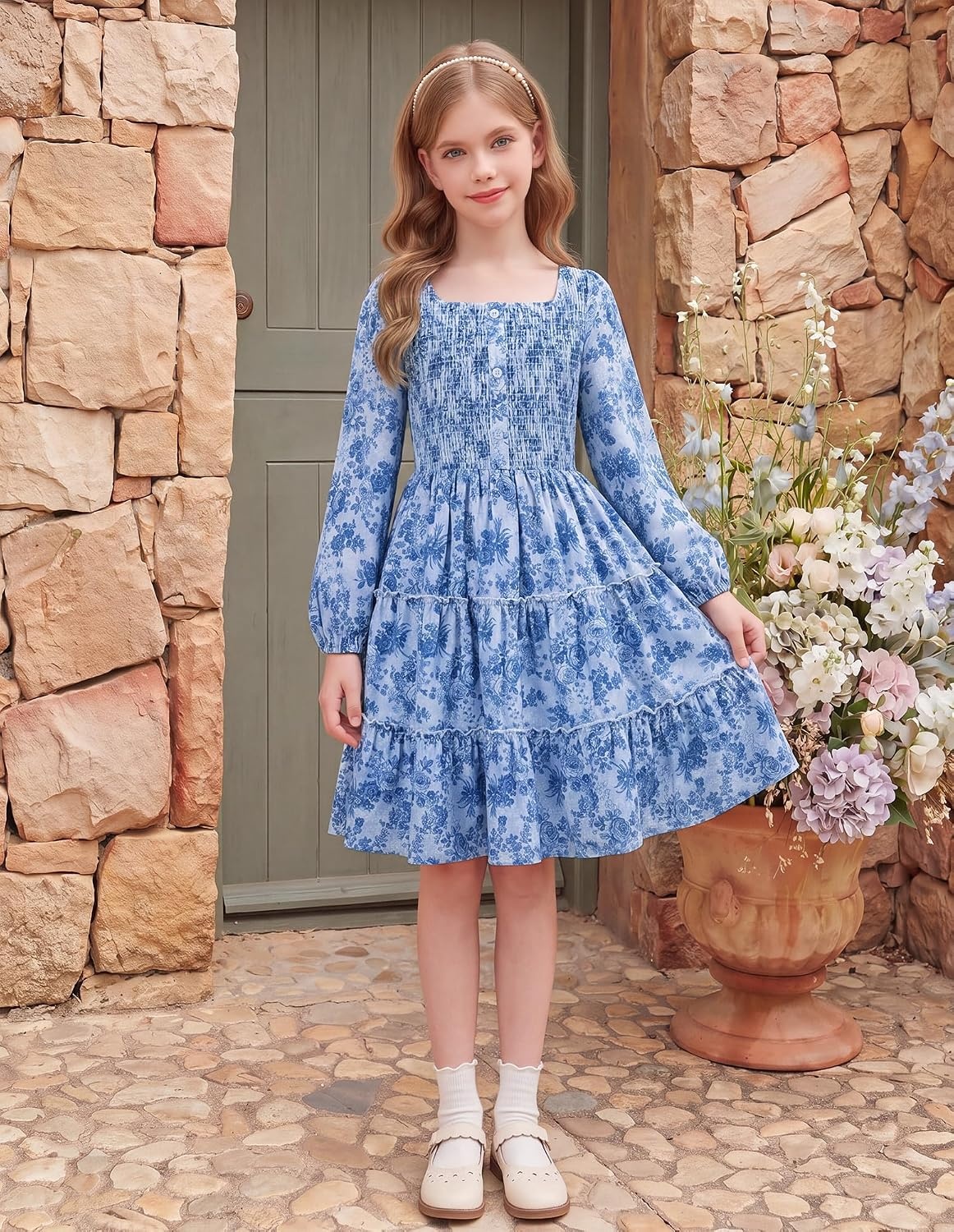 image:imageGRACE KARIN Girls Fall Long Sleeve Floral Christmas Teen Dress Size 614Light Blue Navy Floral