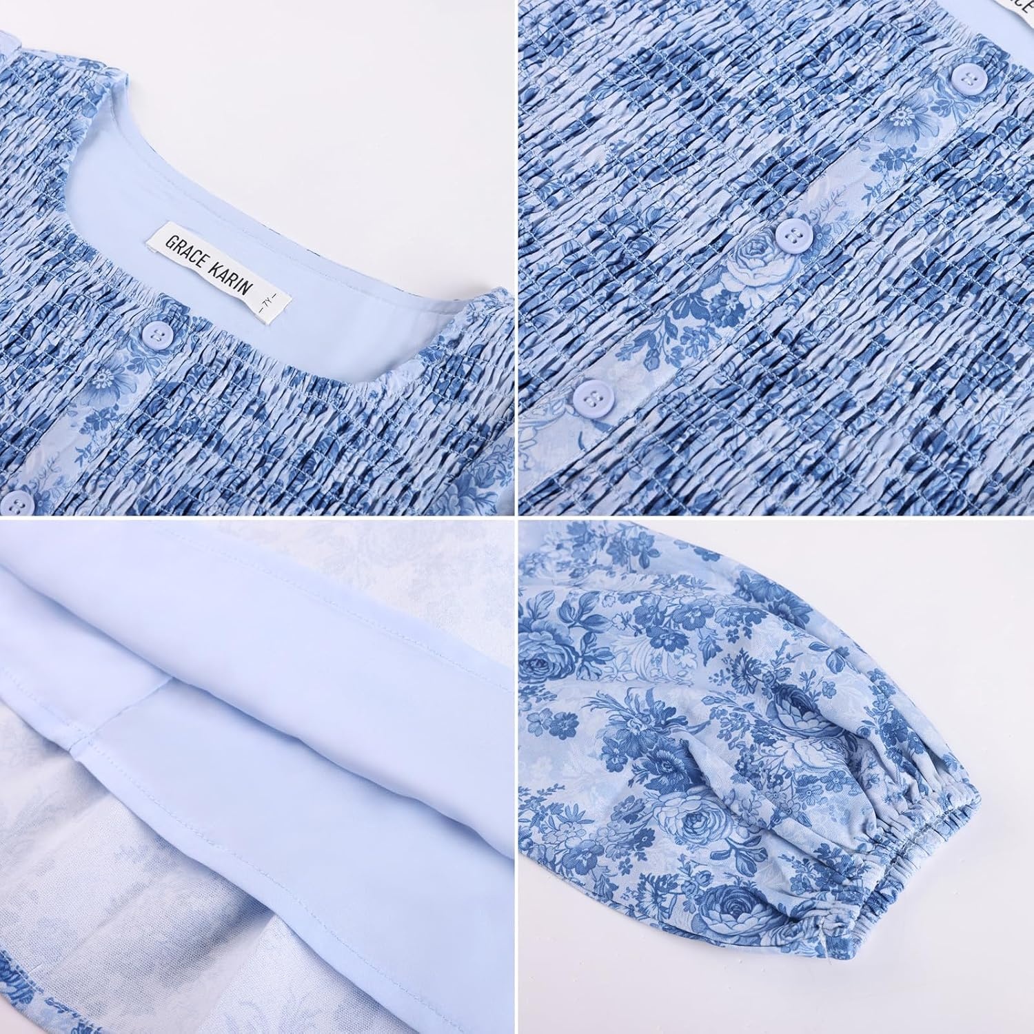 image:imageGRACE KARIN Girls Fall Long Sleeve Floral Christmas Teen Dress Size 614Light Blue Navy Floral