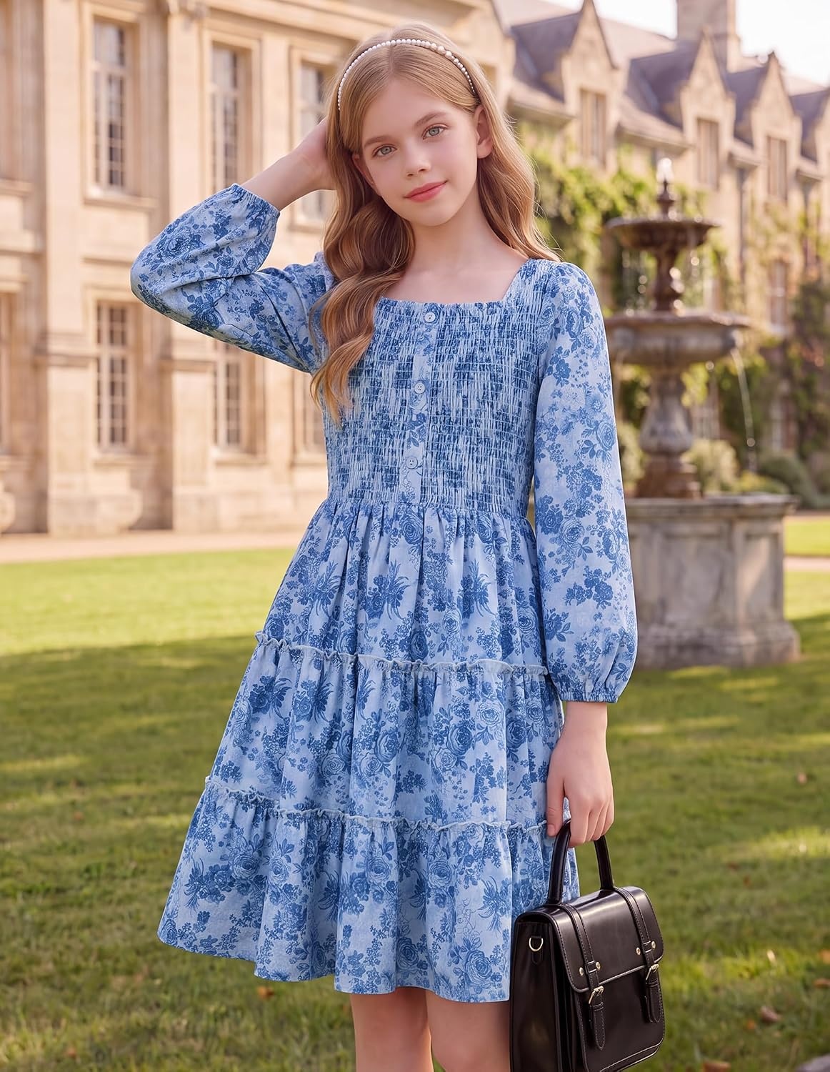 image:imageGRACE KARIN Girls Fall Long Sleeve Floral Christmas Teen Dress Size 614Light Blue Navy Floral