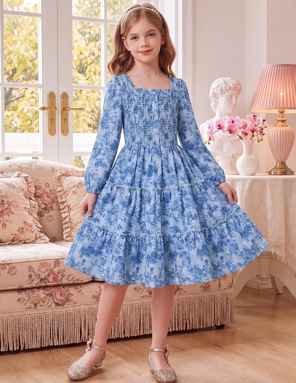 image:imageGRACE KARIN Girls Fall Long Sleeve Floral Christmas Teen Dress Size 614Light Blue Navy Floral