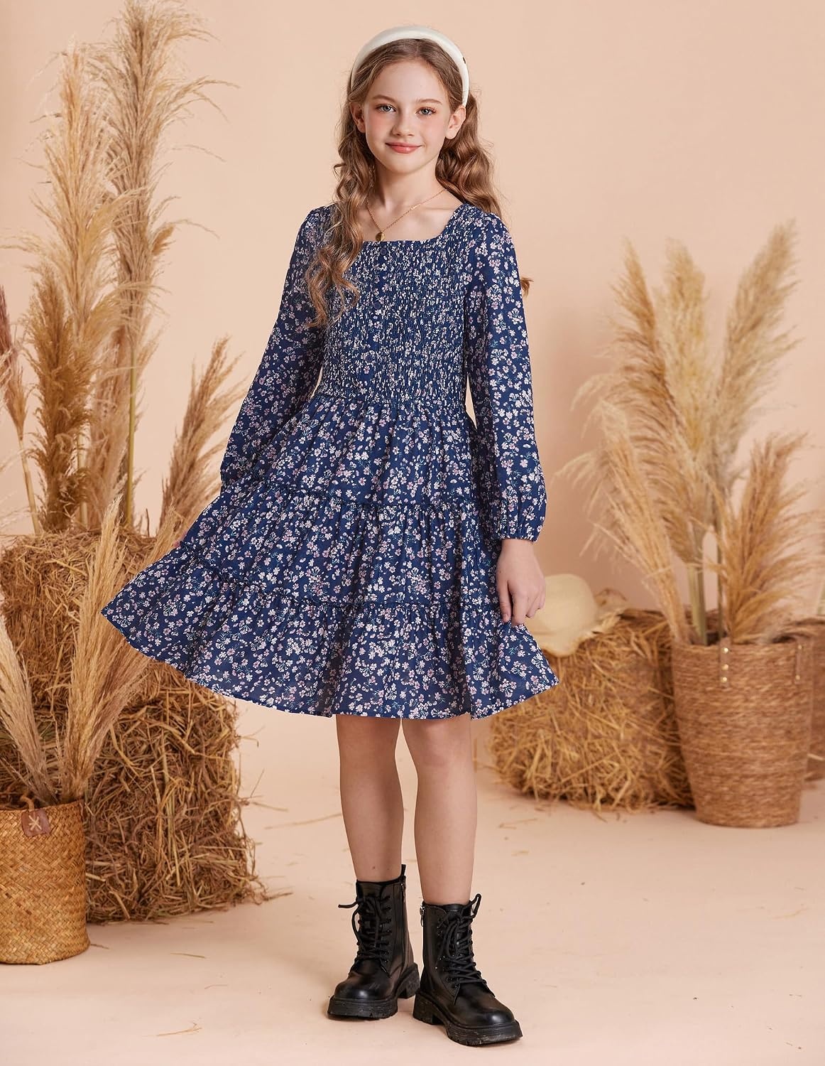image:imageGRACE KARIN Girls Fall Long Sleeve Floral Christmas Teen Dress Size 614Navy Blue Floral