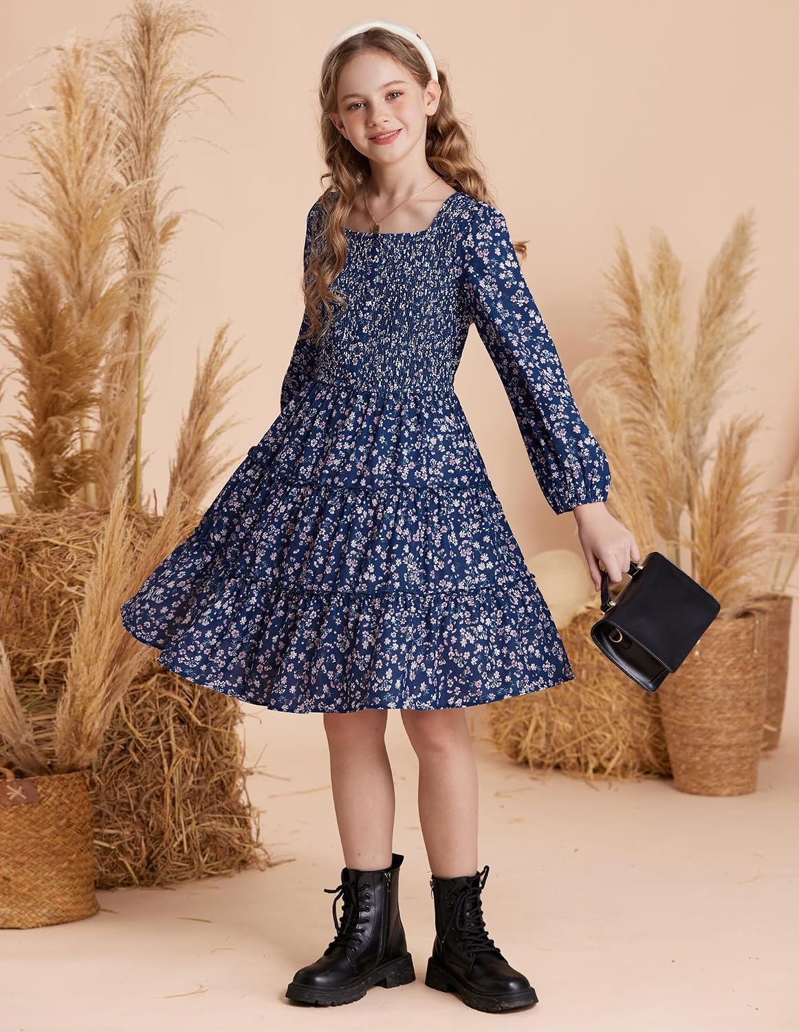 image:imageGRACE KARIN Girls Fall Long Sleeve Floral Christmas Teen Dress Size 614Navy Blue Floral