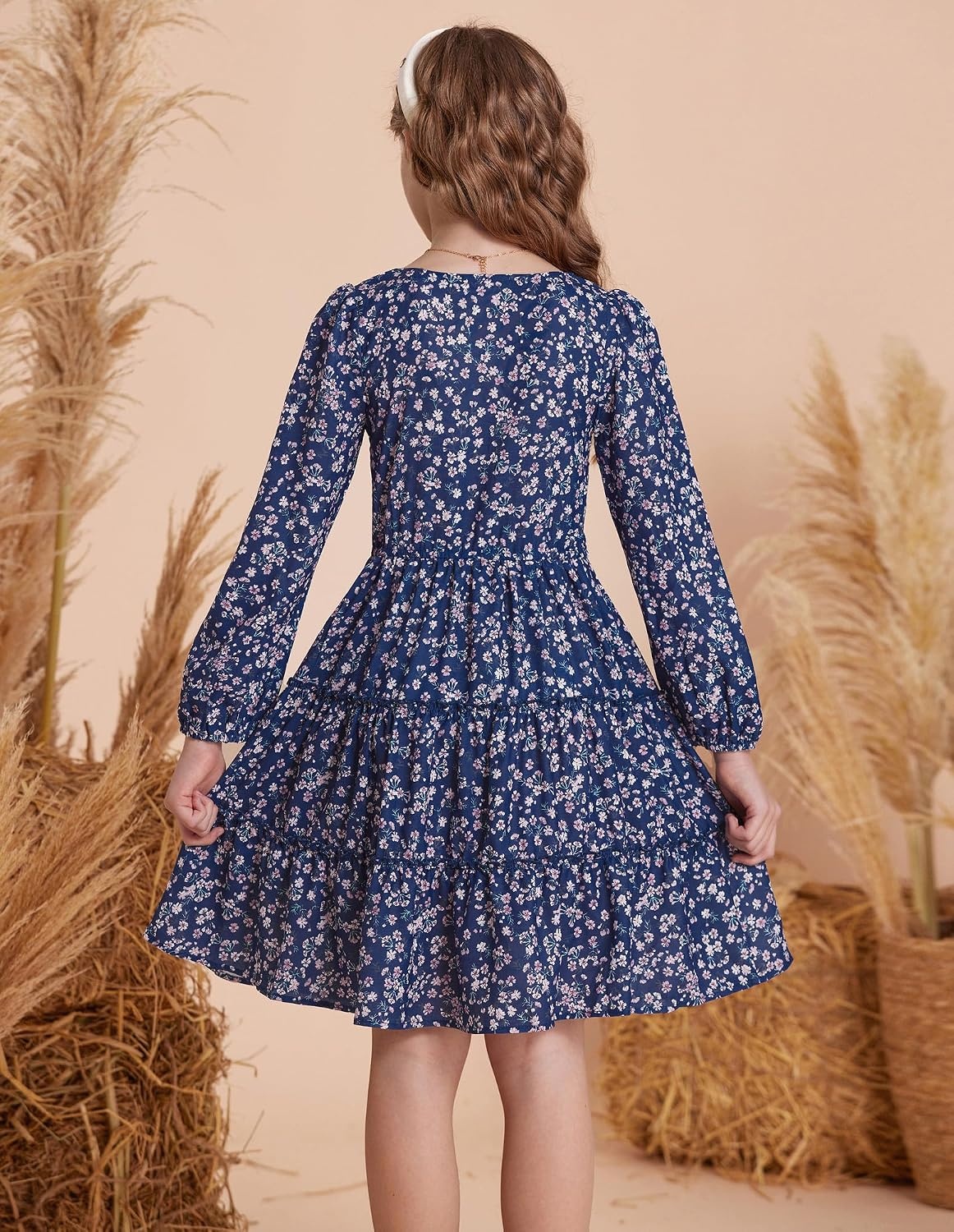image:imageGRACE KARIN Girls Fall Long Sleeve Floral Christmas Teen Dress Size 614Navy Blue Floral