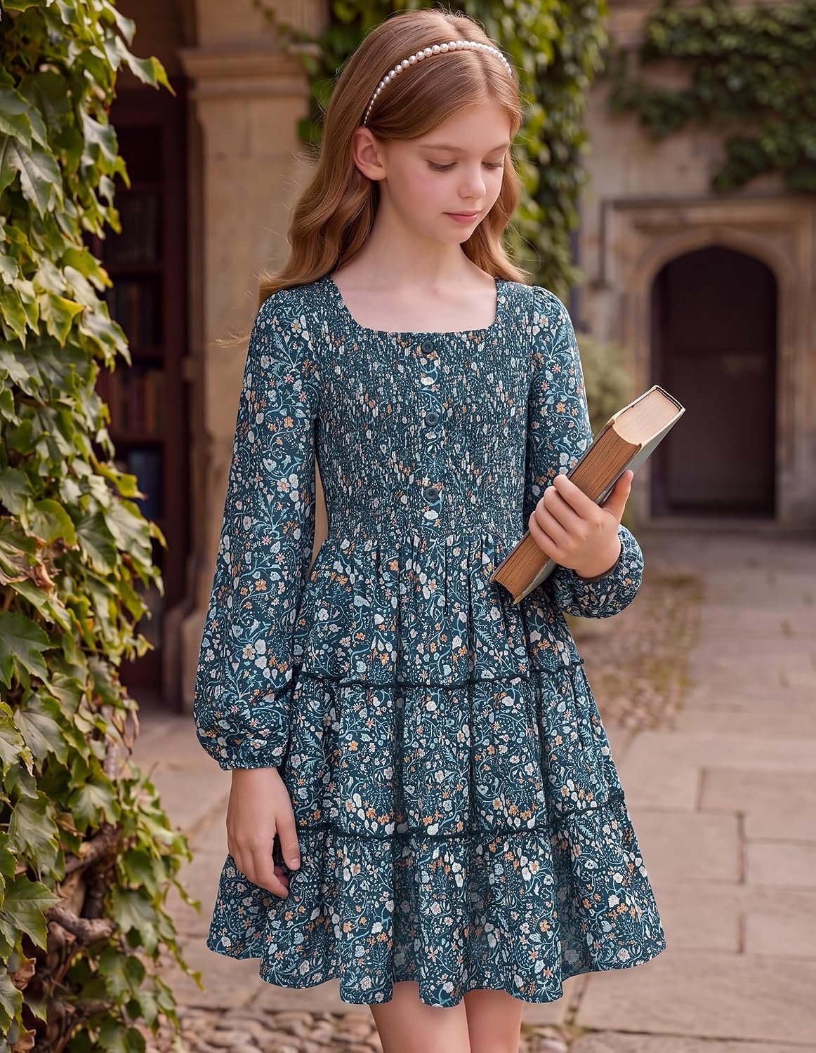 image:imageGRACE KARIN Girls Fall Long Sleeve Floral Christmas Teen Dress Size 614Navy Botanical Floral
