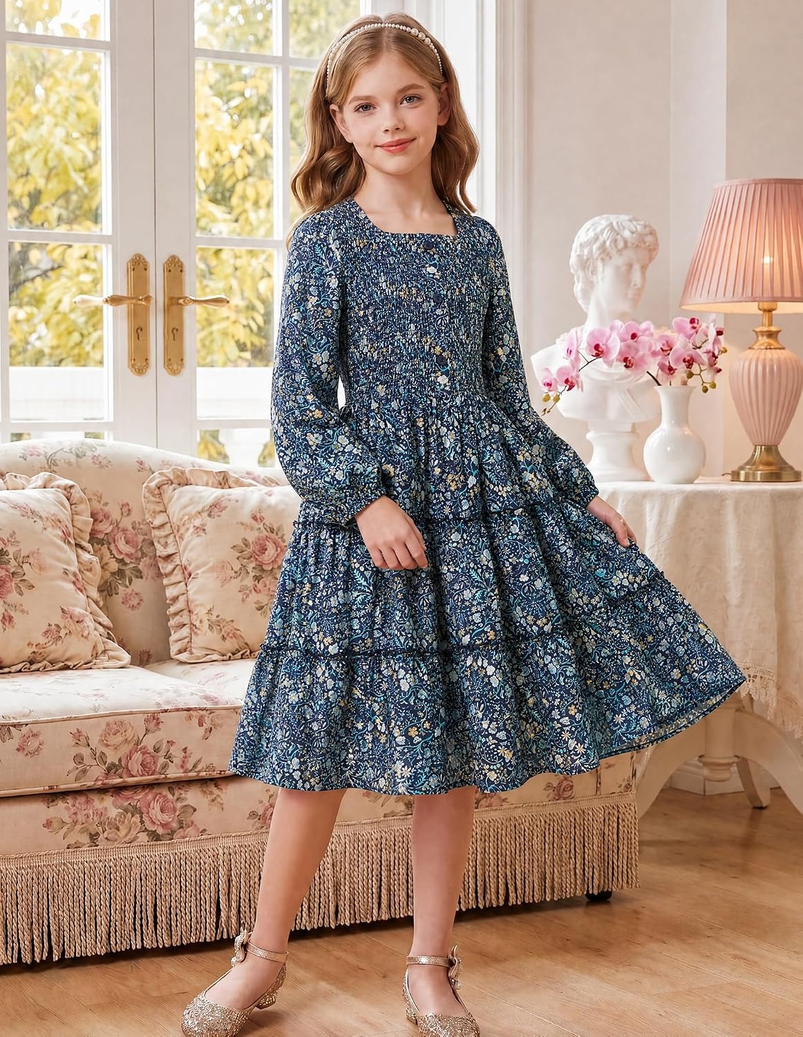 image:imageGRACE KARIN Girls Fall Long Sleeve Floral Christmas Teen Dress Size 614Navy Botanical Floral