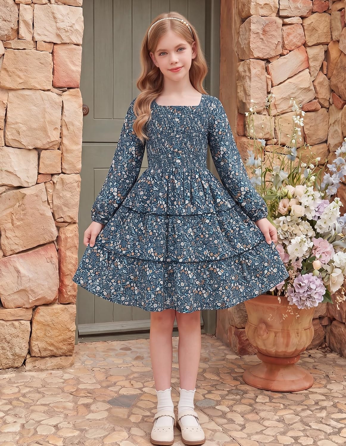 image:imageGRACE KARIN Girls Fall Long Sleeve Floral Christmas Teen Dress Size 614Navy Botanical Floral