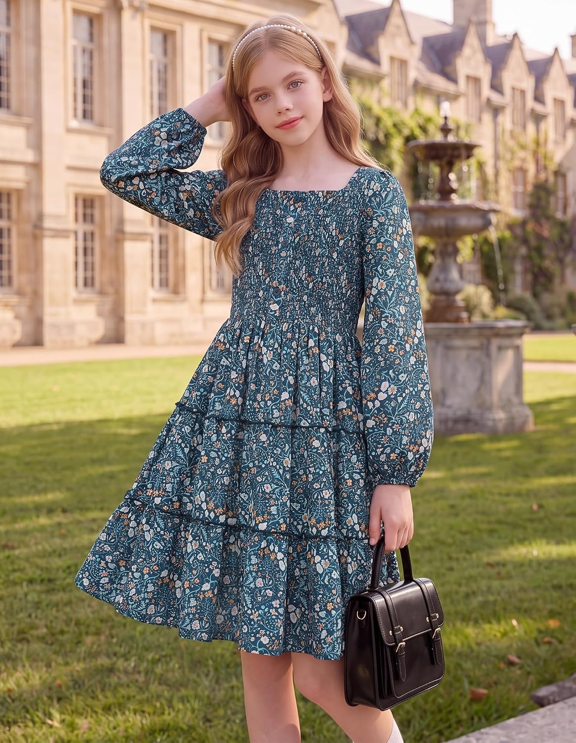 image:imageGRACE KARIN Girls Fall Long Sleeve Floral Christmas Teen Dress Size 614Navy Botanical Floral
