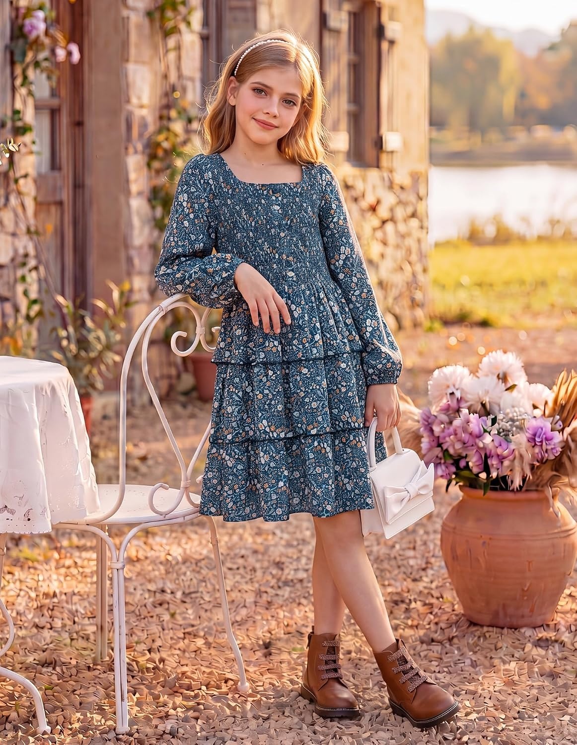 image:imageGRACE KARIN Girls Fall Long Sleeve Floral Christmas Teen Dress Size 614Navy Botanical Floral