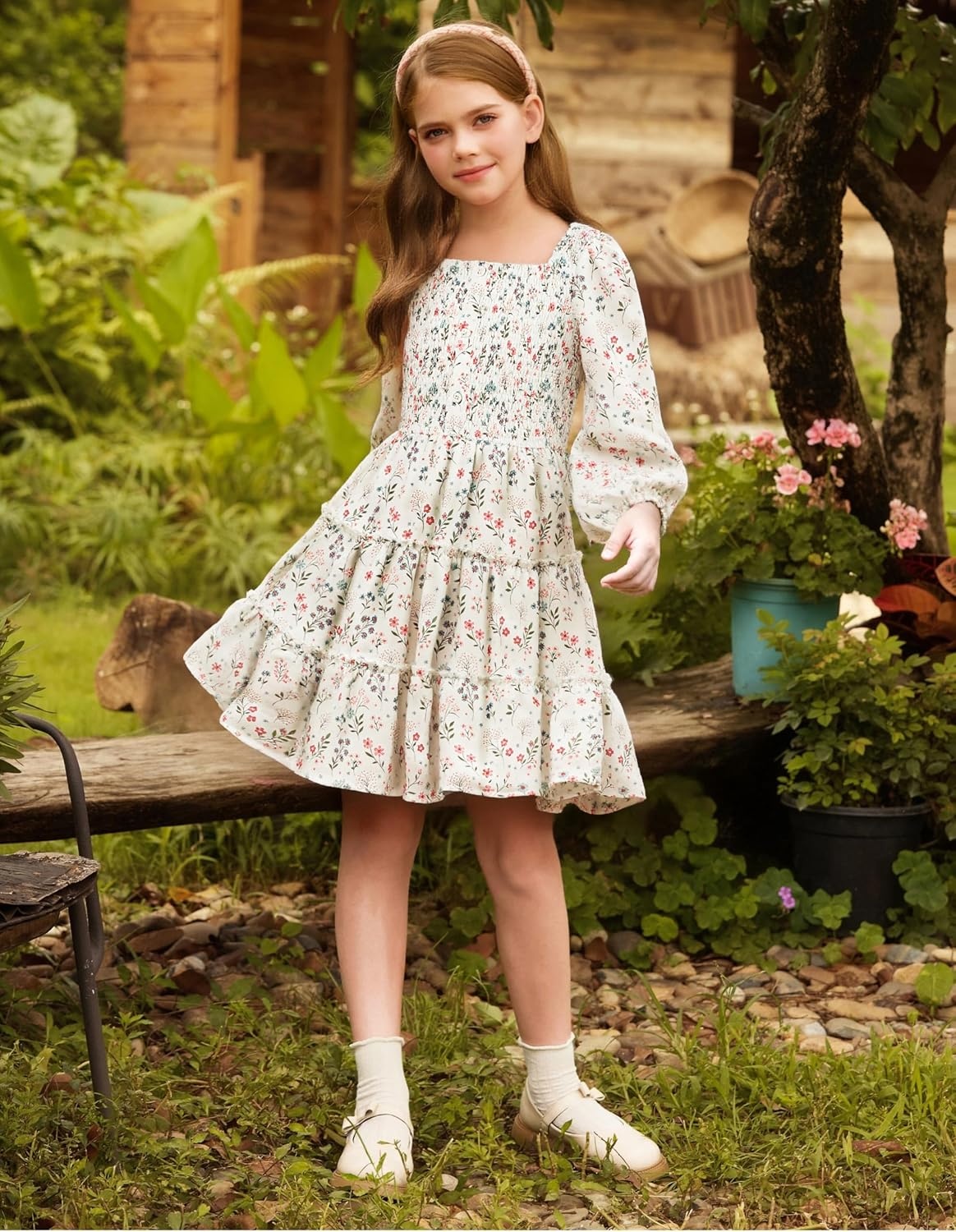 image:imageGRACE KARIN Girls Fall Long Sleeve Floral Christmas Teen Dress Size 614Off White Floral