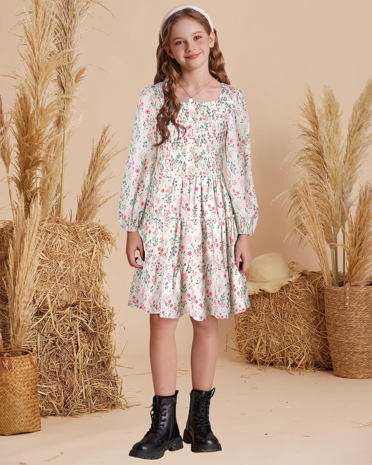 image:imageGRACE KARIN Girls Fall Long Sleeve Floral Christmas Teen Dress Size 614Off White Floral