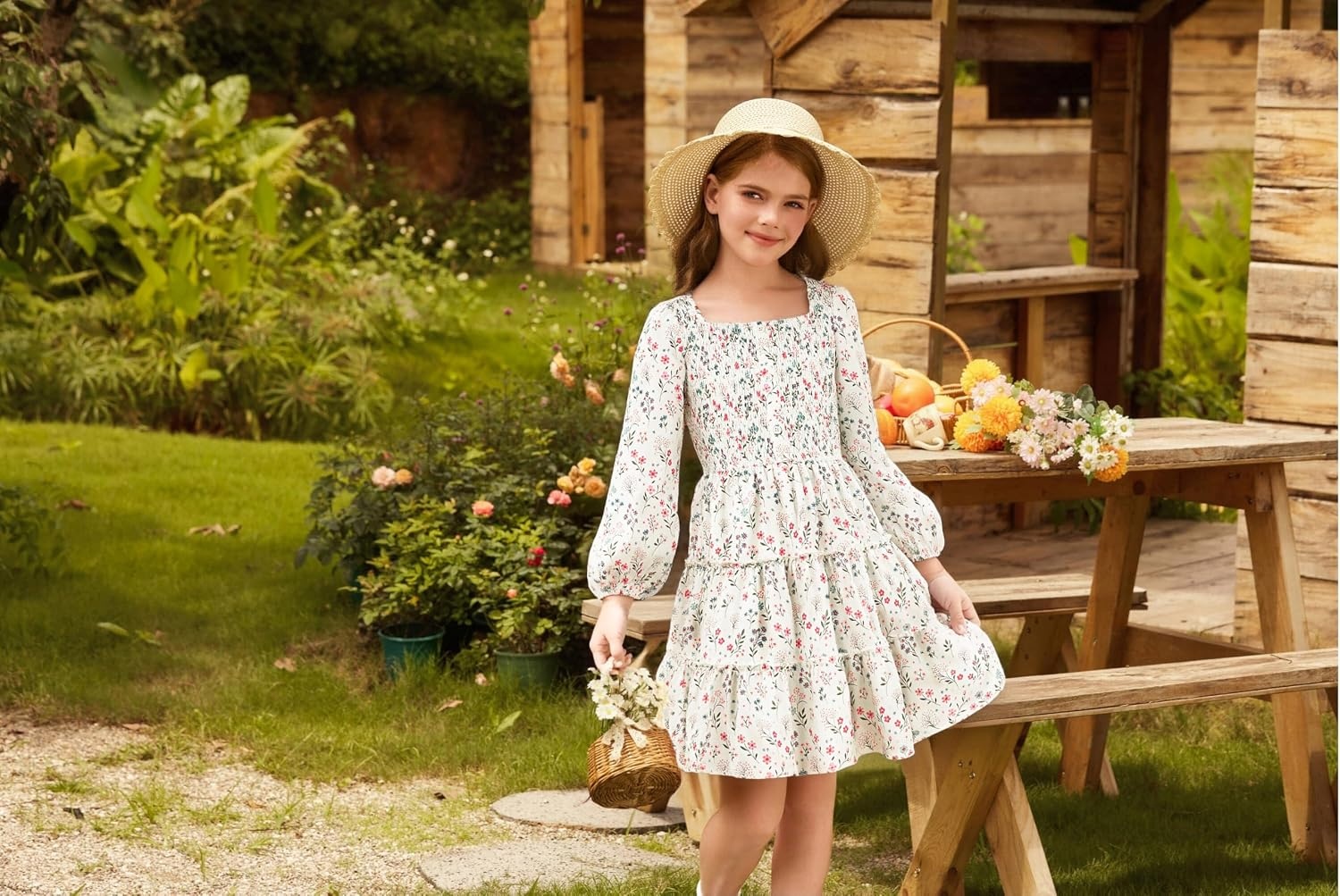 image:imageGRACE KARIN Girls Fall Long Sleeve Floral Christmas Teen Dress Size 614Off White Floral