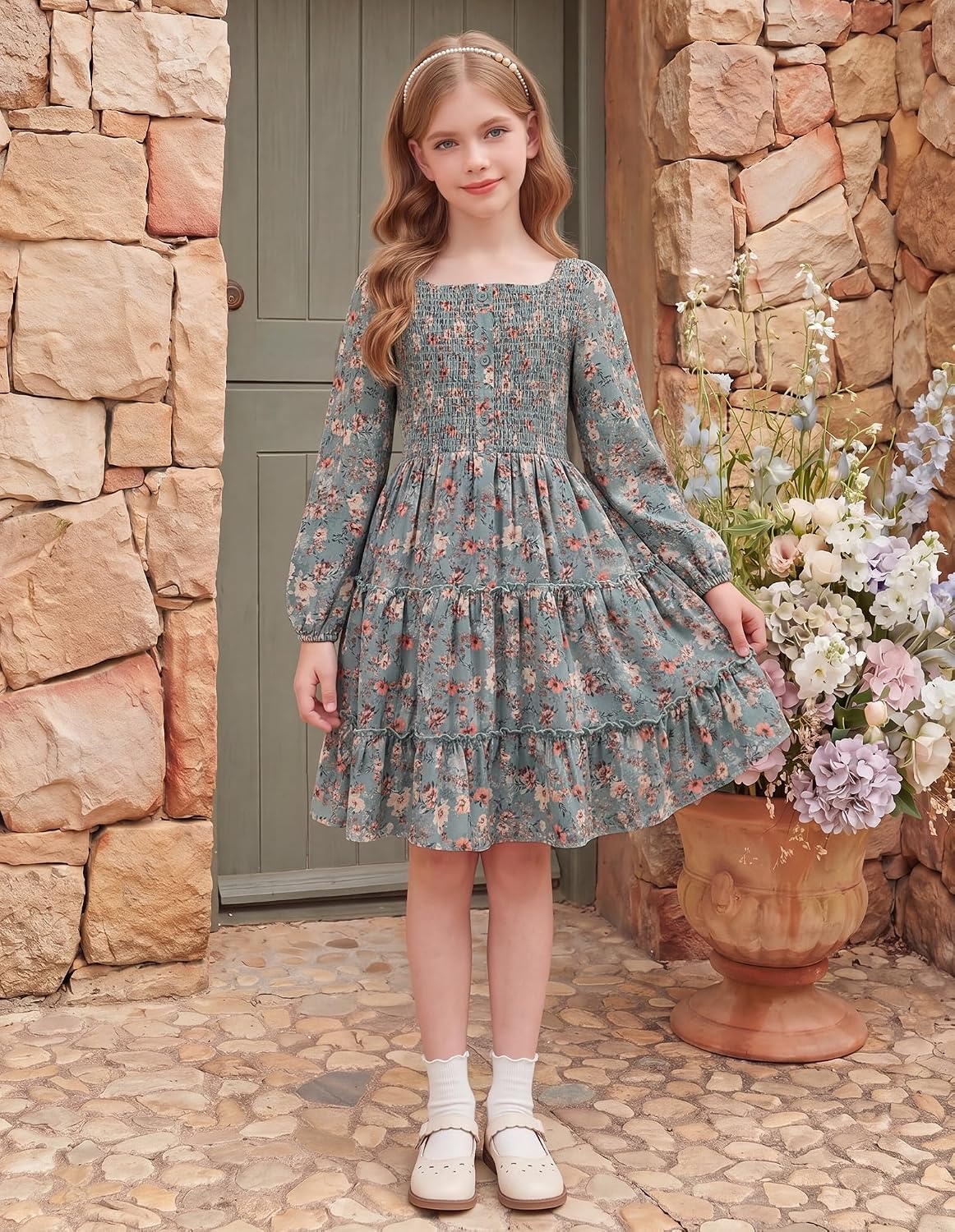 image:imageGRACE KARIN Girls Fall Long Sleeve Floral Christmas Teen Dress Size 614Olive Orange Floral