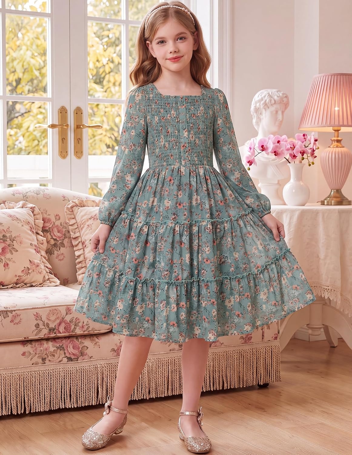 image:imageGRACE KARIN Girls Fall Long Sleeve Floral Christmas Teen Dress Size 614Olive Orange Floral