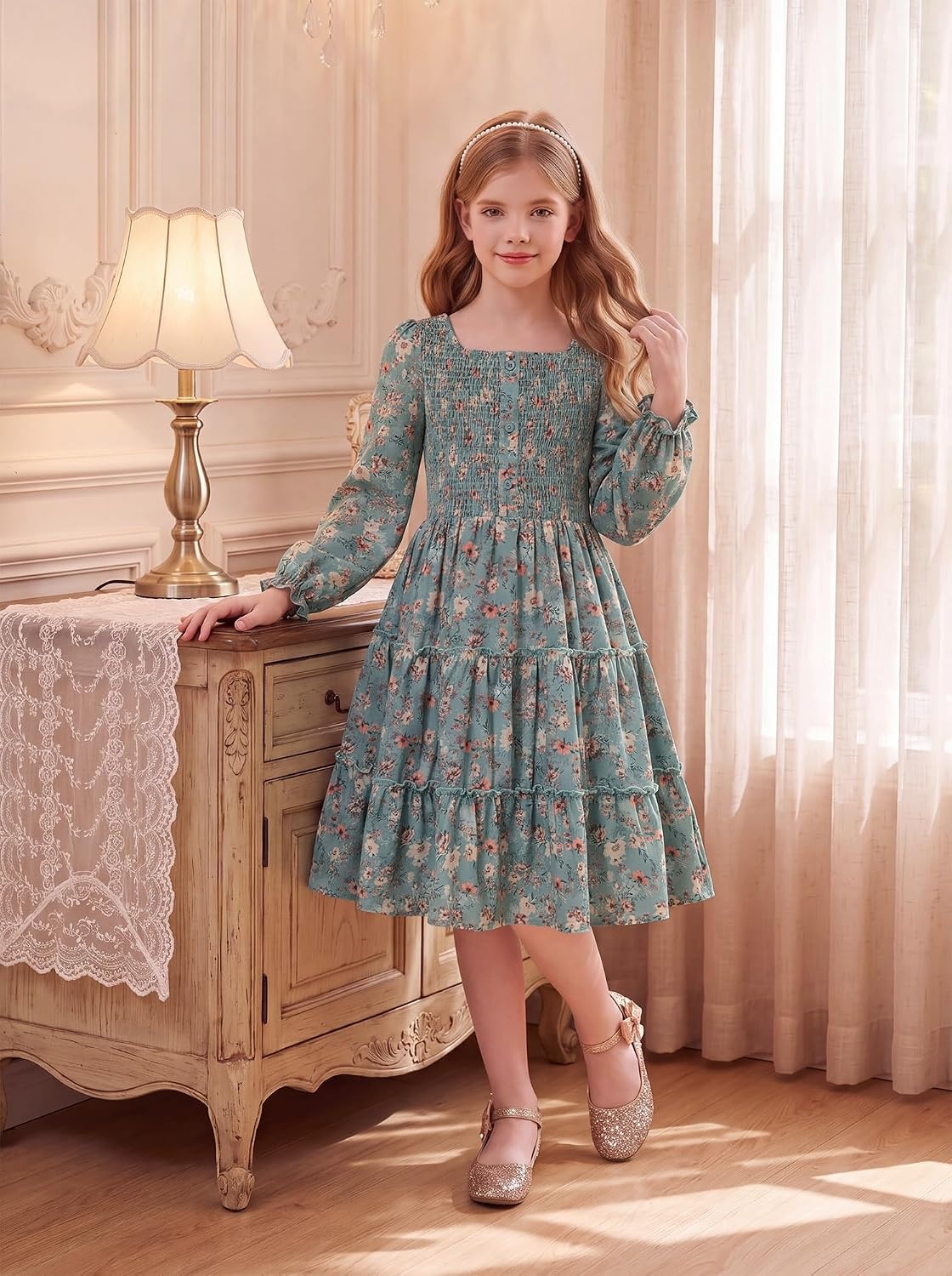 image:imageGRACE KARIN Girls Fall Long Sleeve Floral Christmas Teen Dress Size 614Olive Orange Floral