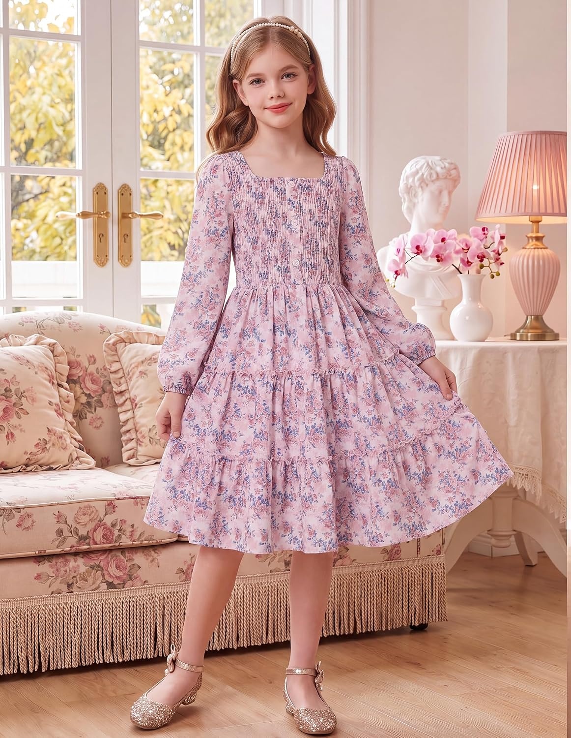 image:imageGRACE KARIN Girls Fall Long Sleeve Floral Christmas Teen Dress Size 614Pink Blue Floral