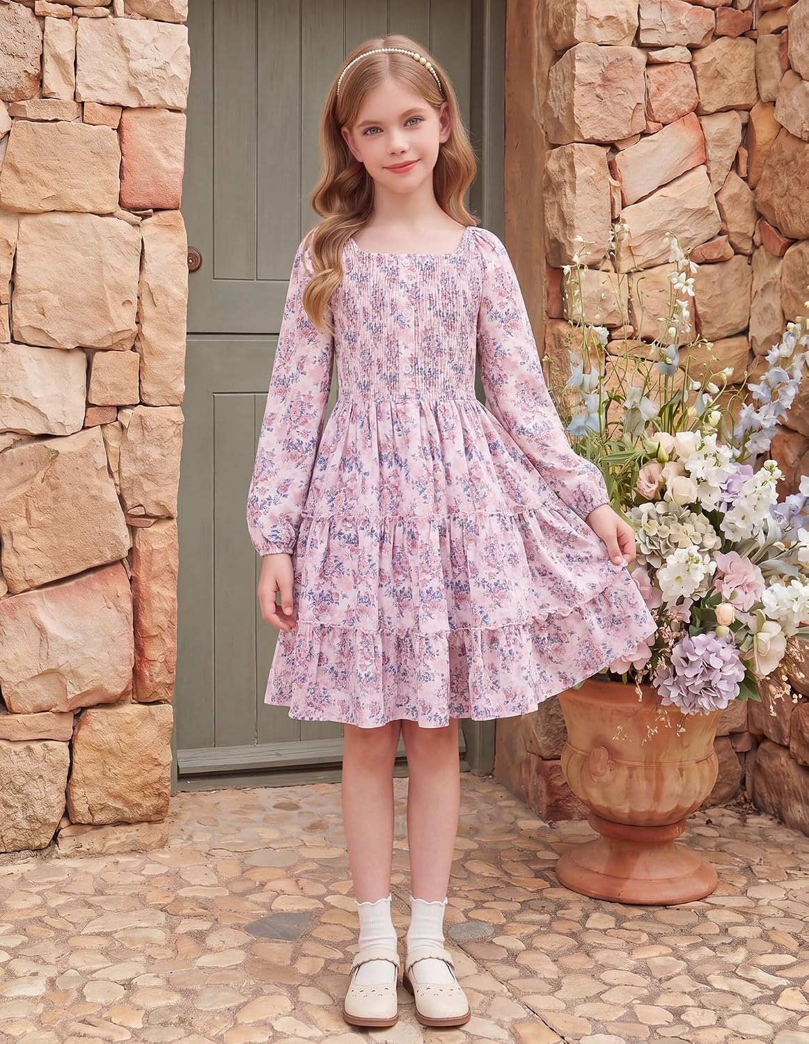 image:imageGRACE KARIN Girls Fall Long Sleeve Floral Christmas Teen Dress Size 614Pink Blue Floral