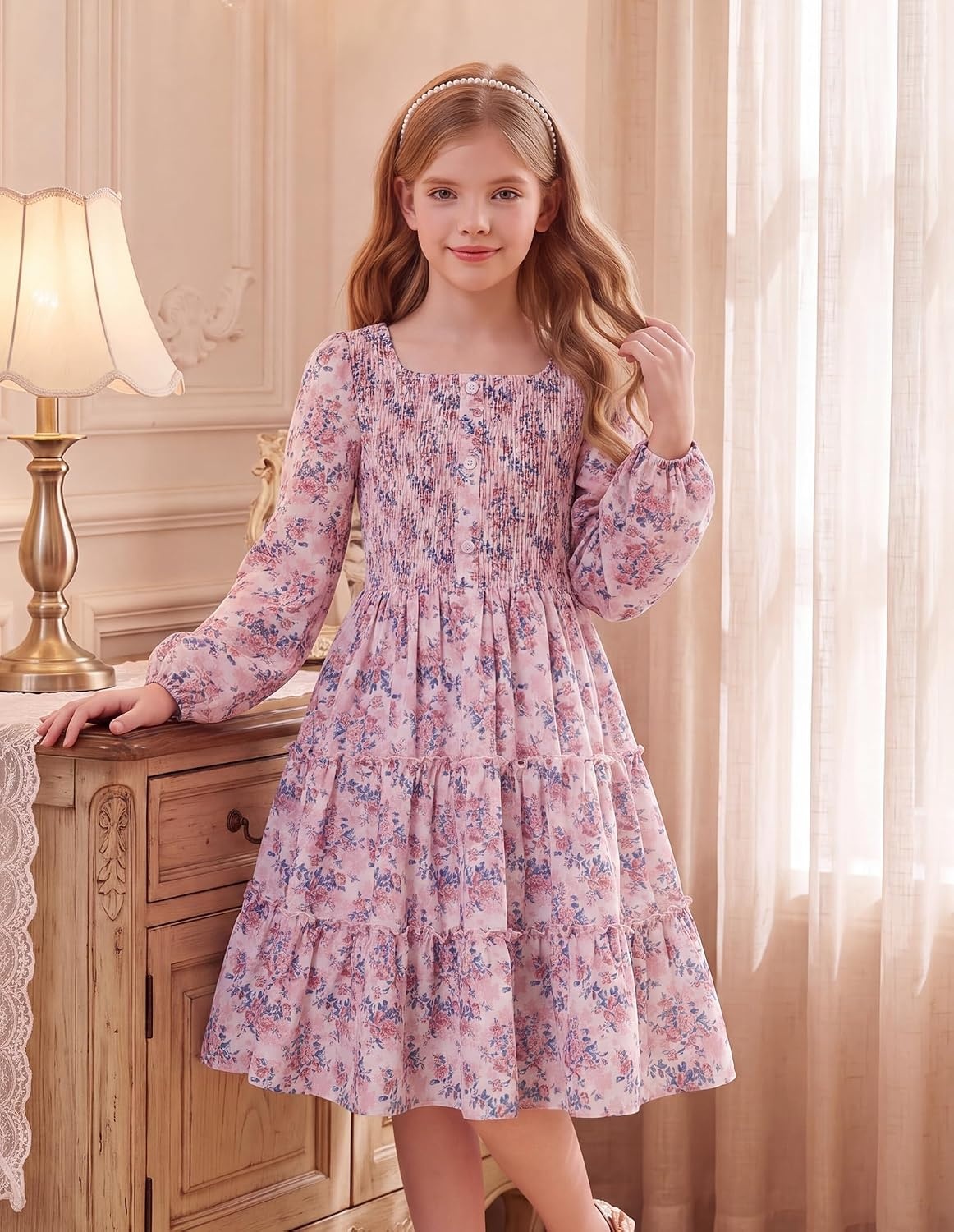 image:imageGRACE KARIN Girls Fall Long Sleeve Floral Christmas Teen Dress Size 614Pink Blue Floral