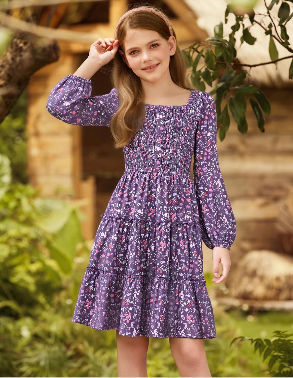image:imageGRACE KARIN Girls Fall Long Sleeve Floral Christmas Teen Dress Size 614Purple Floral