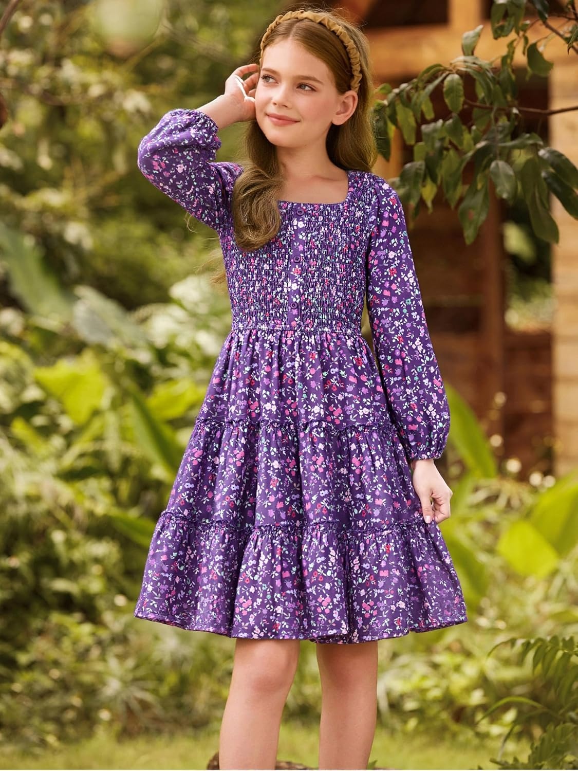image:imageGRACE KARIN Girls Fall Long Sleeve Floral Christmas Teen Dress Size 614Purple Floral